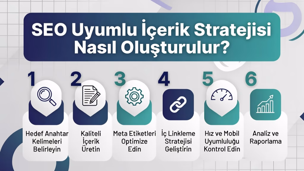 SEO Uyumlu İçerik Stratejisi Nasıl Oluşturulur? konusunu gösteren, anahtar kelime araştırması, içerik planlama ve SEO optimizasyonu adımlarını temsil eden dijital pazarlama illüstrasyonu.