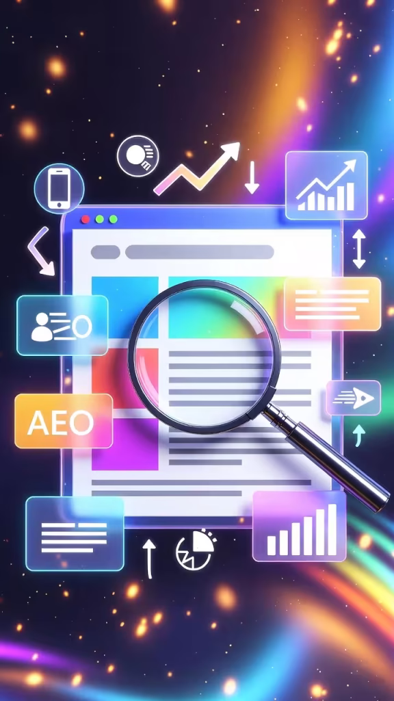 İçerik Optimizasyonu Nasıl Yapılır? konusunu gösteren, büyüteç, SEO analiz grafikleri ve web sayfası arayüzü ile içerik optimizasyon sürecini temsil eden görsel.
